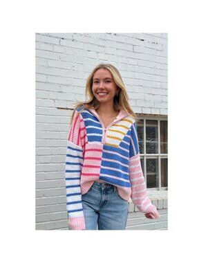 NEW Staud Hampton Stripe Half Zip Cropped Long Sleeve Sweater Pink Size: Small